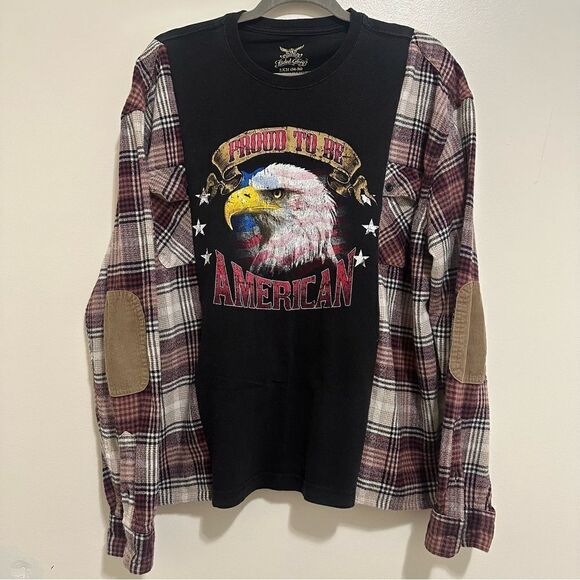 Reworked Upcycled Patriot USA Bald Eagle Grunge Biker Plaid Long Sleeved Shirt - Picture 3 of 9